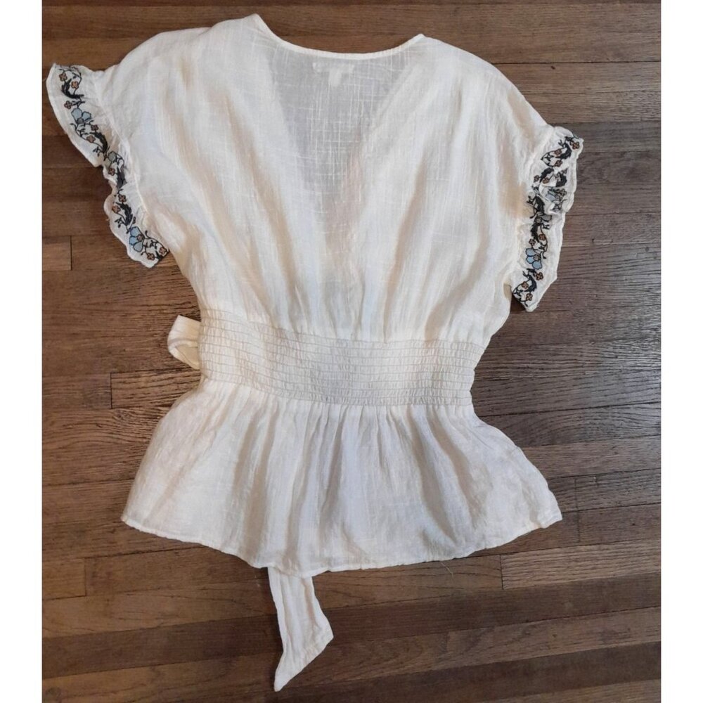 Womens Medium Boho Embroidered Flutter Sleeve Semi Sheer Casual Summer Blouse - Picture 7 of 10